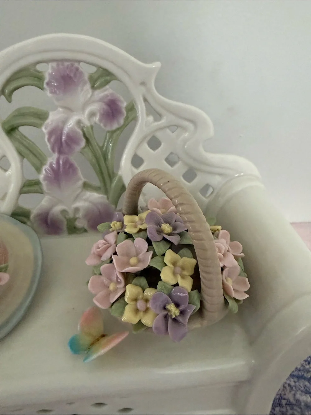 Vintage Style Porcelain Garden Bench Figurine with Flowers, Hat & Basket